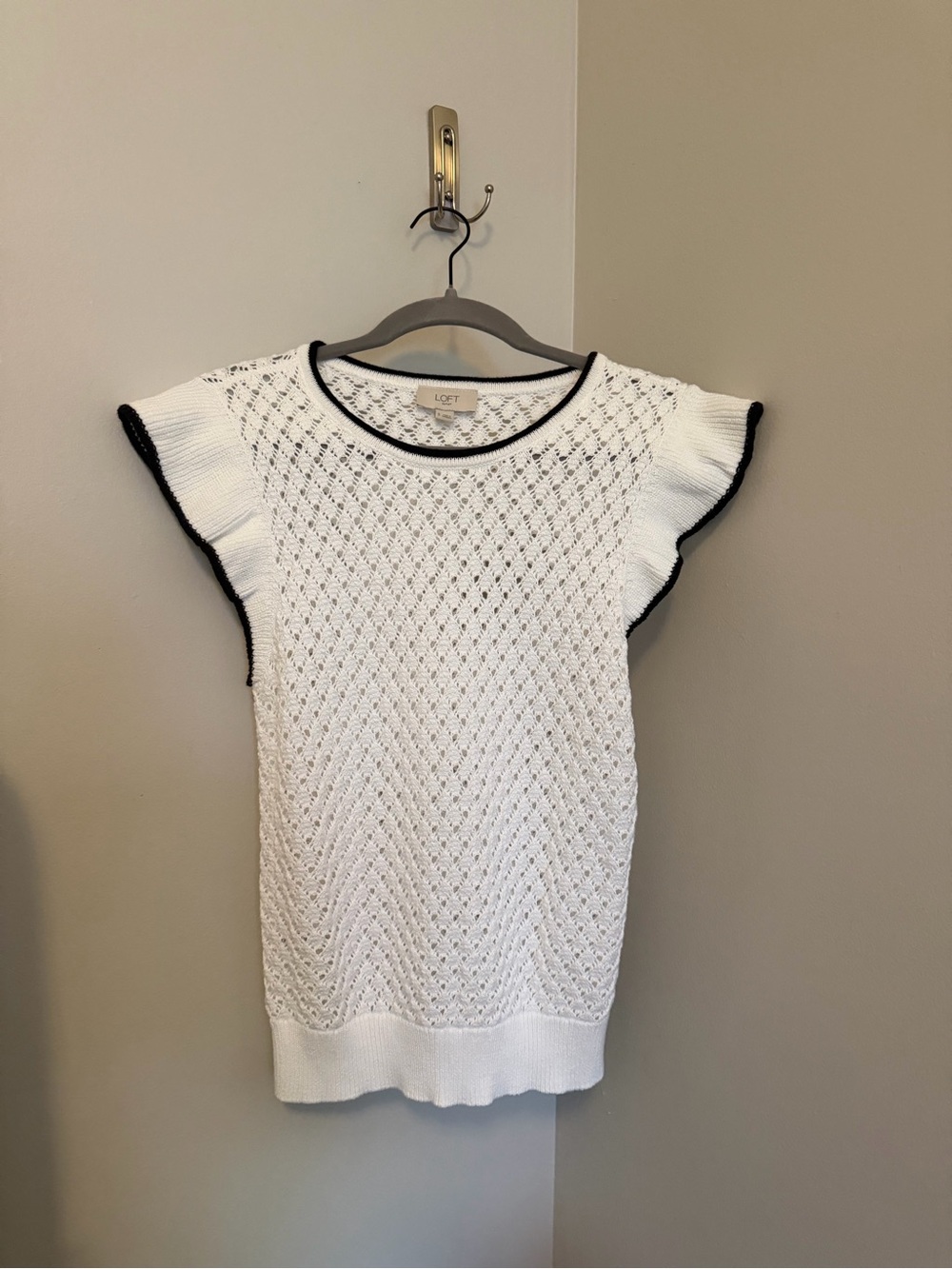 LOFT White Open-Knit Flutter Sleeve Tank with Black Trim